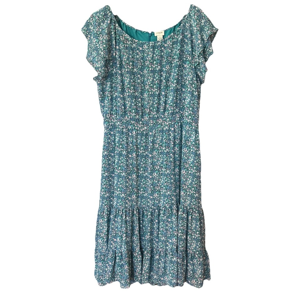 J. Crew Teal Blue Tiered Floral Dress Flutter Sleeves Lined Size 14